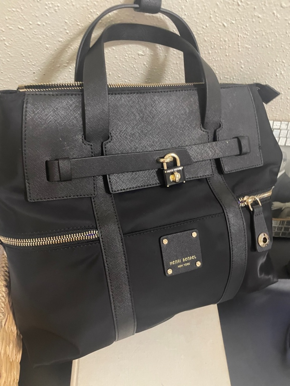 henri bendel Black Nylon & Leather Laptop Tote with Gold Hardware